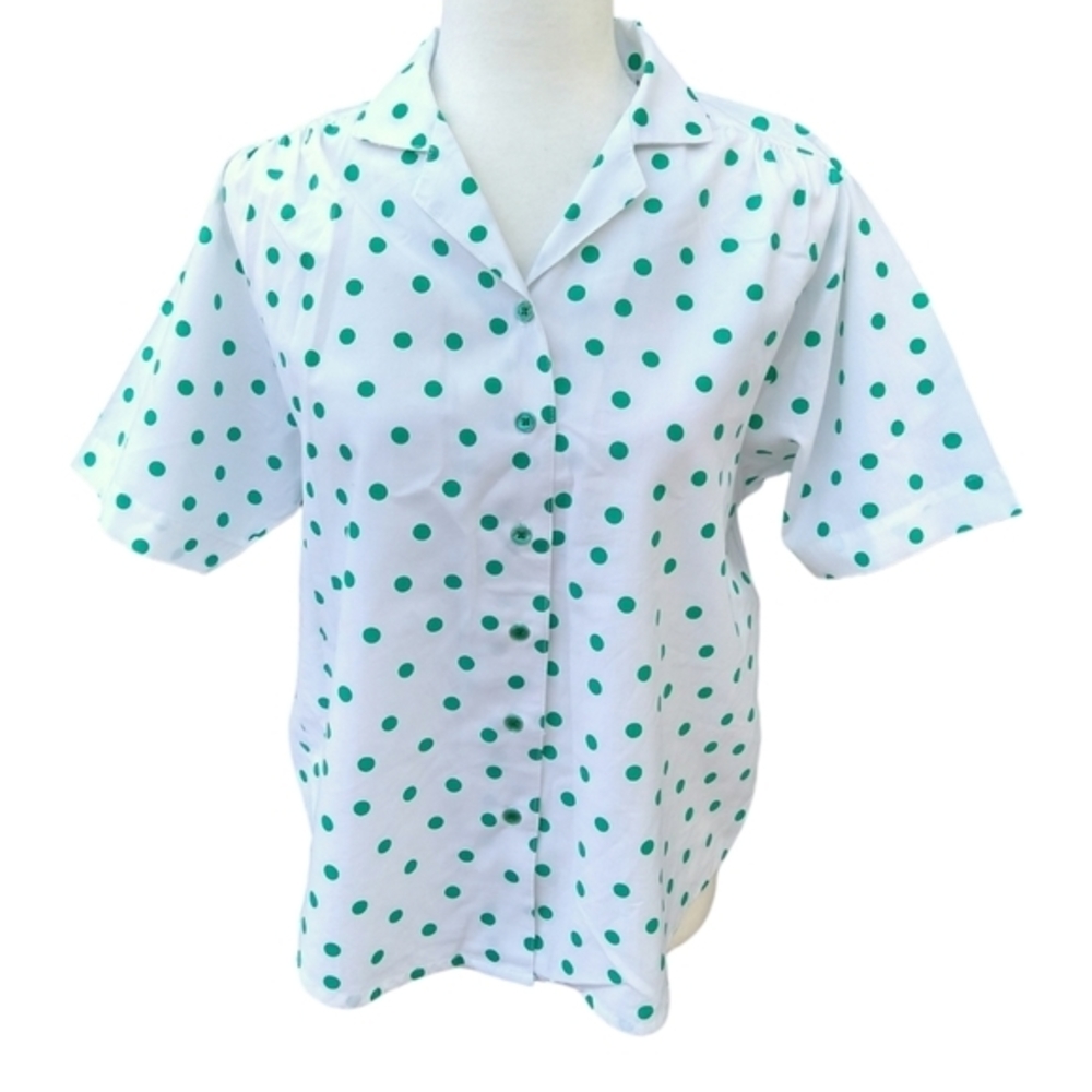 Vintage Allison Craig button down Top Green and white polka dot SZ 12
